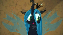 Size: 1280x720 | Tagged: safe, artist:eqamrd, queen chrysalis, changeling, changeling queen, frenemies (episode), g4, animated, cute, cutealis, fangs, female, happy, headbob, highlights, horn, music, necc, open mouth, party soft, perfect loop, smiling, solo, sound, teeth, tongue out, wat, webm, wings