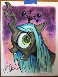 Size: 1536x2048 | Tagged: safe, artist:andy price, queen chrysalis, changeling, changeling queen, g4, crown, female, jewelry, looking at you, open mouth, regalia, signature, solo, traditional art