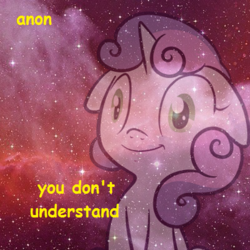 Size: 400x400 | Tagged: safe, sweetie belle, pony, unicorn, g4, female, implied anon, mare, solo, space, the cosmos