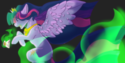 Size: 8009x4046 | Tagged: safe, artist:freckledely, twilight sparkle, alicorn, pony, g4, abstract background, absurd resolution, dock, female, fire, floppy ears, green fire, immortality blues, jewelry, mare, new crown, no longer mourn, older, open mouth, peytral, profile, rearing, regalia, remembrance (audio drama), solo, spread wings, twilight sparkle (alicorn), wings