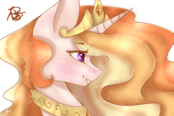 Size: 1024x683 | Tagged: safe, artist:icefoxe, artist:prettyshinegp, princess celestia, pony, g4, alternate hair color, blushing, bust, collaboration, collar, crown, ethereal mane, eye clipping through hair, female, jewelry, mare, necklace, open collaboration, profile, regalia, signature, simple background, smiling, solo, starry mane, transparent background