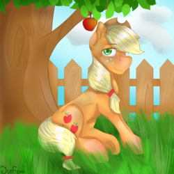 Size: 3000x3000 | Tagged: safe, artist:icefoxe, applejack, earth pony, pony, g4, apple, apple tree, female, fence, grass, high res, looking at you, mare, obligatory apple, sidemouth, sitting, smiling, solo, tree