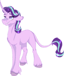 Size: 1749x2064 | Tagged: safe, artist:icefoxe, starlight glimmer, classical unicorn, pony, unicorn, g4, chest fluff, cloven hooves, curved horn, female, floppy ears, horn, leonine tail, lidded eyes, mare, missing cutie mark, sidemouth, simple background, smiling, smirk, solo, transparent background, unshorn fetlocks
