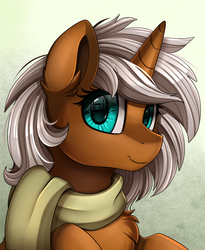 Size: 1446x1764 | Tagged: safe, artist:pridark, oc, oc only, oc:macchiato (kunabanana), pony, unicorn, bust, chest fluff, clothes, commission, portrait, scarf, smiling, solo