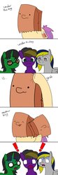Size: 976x2953 | Tagged: safe, artist:wyntermoon, oc, oc:ambitious gossip, oc:paper bag, oc:skyfly, oc:wyntermoon, pony, comic, dialogue, exclamation point, fake cutie mark, hatake kakashi, kakashi would be proud, naruto, paper bag, reference, shocked