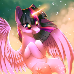 Size: 1080x1080 | Tagged: dead source, safe, artist:jacky-bunny, twilight sparkle, alicorn, pony, g4, beautiful, cloud, cute, ear fluff, eye clipping through hair, eye reflection, female, flying, glowing horn, horn, mare, reflection, smiling, solo, sparkles, speedpaint available, spread wings, twiabetes, twilight sparkle (alicorn), windswept mane, wings