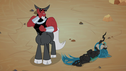 Size: 1920x1080 | Tagged: safe, screencap, lord tirek, queen chrysalis, centaur, changeling, changeling queen, frenemies (episode), g4, better way to be bad, blindfold, bracer, cloven hooves, colored hooves, crown, cute, duo, duo male and female, female, frown, hand on cheek, jewelry, male, mare, nose piercing, nose ring, on back, out of context, piercing, regalia, septum piercing, standing, tirebetes, trust fall
