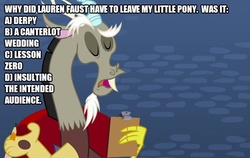 Size: 790x500 | Tagged: safe, edit, edited screencap, screencap, derpy hooves, discord, a canterlot wedding, g4, lesson zero, my little pony best gift ever, caption, female, image macro, lauren faust, op is a duck, poll, solo, text
