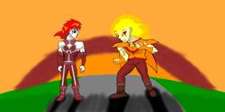 Size: 1366x685 | Tagged: safe, artist:israelyabuki, oc, oc only, oc:eternal flames, oc:supernova, equestria girls, g4, abs, angry, armor, boots, clothes, epic fight, fire hair, it, muscles, ready to fight, red hair, saint seiya, shoes, standoff, sundown