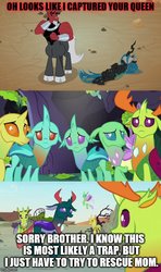 Size: 500x843 | Tagged: safe, edit, edited screencap, screencap, clypeus, cornicle, frenulum (g4), lord tirek, pharynx, queen chrysalis, soupling, thorax, centaur, changedling, changeling, frenemies (episode), g4, to change a changeling, caption, cloven hooves, female, image macro, king thorax, male, prince pharynx, text