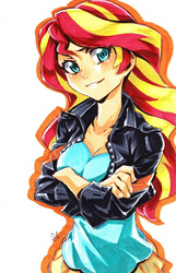 Size: 658x1024 | Tagged: safe, artist:rustyartist, derpibooru exclusive, edit, sunset shimmer, human, equestria girls, anime, breasts, cleavage, clothes, crossed arms, cute, female, jacket, leather jacket, shimmerbetes, simple background, solo, traditional art