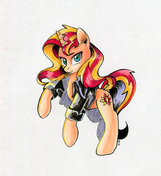 Size: 700x764 | Tagged: safe, artist:maytee, derpibooru exclusive, edit, sunset shimmer, pony, unicorn, g4, clothes, female, jacket, looking at you, markers, rearing, simple background, smiling, solo, traditional art, white background