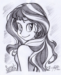 Size: 844x1024 | Tagged: safe, artist:bcpony, derpibooru exclusive, edit, sunset shimmer, human, equestria girls, g4, clothes, female, looking back, looking over shoulder, signature, smiling, solo, traditional art