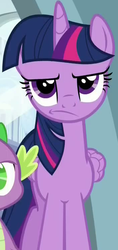 Size: 354x753 | Tagged: safe, screencap, spike, twilight sparkle, alicorn, dragon, pony, g4, newbie dash, season 6, cropped, disappointed, female, frown, grumpy, grumpy twilight, male, mare, offscreen character, solo focus, twilight sparkle (alicorn), twilight sparkle is not amused, unamused