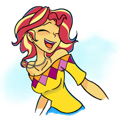 Size: 1037x1024 | Tagged: safe, artist:bcpony, derpibooru exclusive, edit, sunset shimmer, equestria girls, alternate hairstyle, bare shoulders, clothes, cute, eyes closed, female, happy, off shoulder, open mouth, shimmerbetes, short hair, shoulderless, simple background, solo, white background