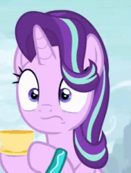 Size: 328x435 | Tagged: safe, screencap, starlight glimmer, pony, unicorn, g4, season 9, student counsel, animated, bracelet, cropped, cup, cute, drink, female, glimmerbetes, hoof hold, jewelry, mare, nervous laugh, nervous smile, smiling, solo, starlight's bracelet, teacup