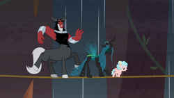 Size: 1920x1080 | Tagged: safe, screencap, cozy glow, lord tirek, queen chrysalis, centaur, changeling, changeling queen, pegasus, pony, frenemies (episode), g4, better way to be bad, bow, cloven hooves, female, filly, foal, hair bow, losers club, male, nose piercing, nose ring, piercing, rope, septum piercing, tightrope, trio