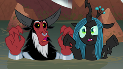 Size: 1920x1080 | Tagged: safe, screencap, lord tirek, queen chrysalis, centaur, changeling, changeling queen, frenemies (episode), g4, air quotes, better way to be bad, crown, cute, cutealis, duo, female, implying, jewelry, male, nose piercing, piercing, regalia, septum piercing, tirebetes