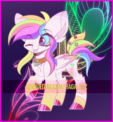 Size: 1025x1100 | Tagged: safe, artist:hagalazka, oc, oc only, pegasus, pony, :p, abstract background, adoptable, colored hooves, ethereal mane, female, mare, one eye closed, pink, rainbow, rainbow hair, raised hoof, shiny, solo, starry mane, tongue out, wink, yellow