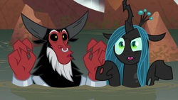 Size: 1920x1080 | Tagged: safe, screencap, lord tirek, queen chrysalis, centaur, changeling, changeling queen, frenemies (episode), g4, air quotes, bracer, cute, cutealis, duo, duo male and female, female, implying, male, mare, nose piercing, nose ring, piercing, septum piercing, tirebetes, water