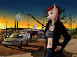 Size: 1280x956 | Tagged: safe, artist:apocheck13, oc, oc only, anthro, anthro oc, belly button, clothes, female, jacket, jeans, midriff, pants, solo