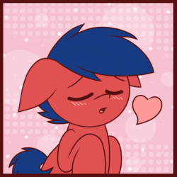 Size: 1200x1200 | Tagged: safe, artist:thebadbadger, oc, oc only, oc:phire demon, pony, abstract background, eyes closed, floating heart, floppy ears, heart, kissy face, solo
