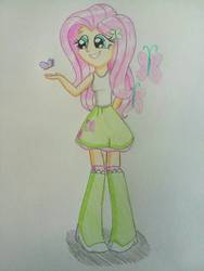 Size: 1224x1632 | Tagged: safe, artist:prinrue, fluttershy, butterfly, equestria girls, g4, boots, clothes, cute, cutie mark on clothes, female, fluttershy's cutie mark, shoes, skirt, socks, solo, tank top, traditional art