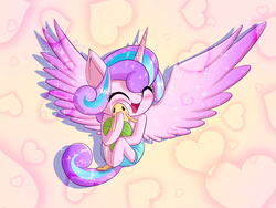 Size: 1600x1200 | Tagged: safe, artist:phoenixperegrine, princess flurry heart, whammy, alicorn, pony, a flurry of emotions, g4, adorable face, anatomically incorrect, baby, baby alicorn, baby flurry heart, baby pony, blushing, cloth diaper, cute, daaaaaaaaaaaw, diaper, diapered, diapered filly, eyes closed, female, filly, flurrybetes, happy, happy baby, heart, hug, incorrect leg anatomy, infant, large wings, newborn, open mouth, pink background, plushie, simple background, smiling, solo, spread wings, squishy cheeks, wings