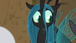 Size: 480x270 | Tagged: safe, screencap, lord tirek, queen chrysalis, changeling, changeling queen, frenemies (episode), g4, animated, better way to be bad, cute, cutealis, evil lair, fangs, female, former queen chrysalis, grogar's lair, lair, lidded eyes, singing, slit pupils, solo focus, spread wings, squishy cheeks, wings