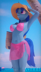 Size: 1080x1920 | Tagged: safe, artist:rinny, oc, oc only, oc:lovebrew, unicorn, anthro, 3d, armpits, belly button, belly piercing, bellyring, bikini, blender, choker, clothes, female, implied transgender, legs together, piercing, see-through, solo, swimsuit, transgender oc