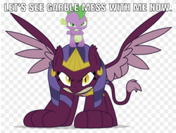 Size: 671x505 | Tagged: safe, editor:undeadponysoldier, spike, the sphinx, dragon, sphinx, g4, alpha channel, angry, badass, crossed arms, crown, edgy, exploitable meme, fangs, female, implied garble, jewelry, looking at you, looking up, make it happen, male, meme, regalia, revenge, spike the badass, spread wings, teamwork, wings