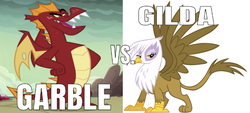 Size: 671x304 | Tagged: safe, edit, edited screencap, editor:undeadponysoldier, screencap, garble, gilda, dragon, griffon, dragon quest, g4, caption, cropped, duo, female, image macro, male, simple background, split screen, spread wings, text, unamused, vs., white background, who would win, wings, wrong aspect ratio