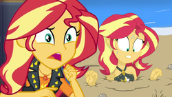 Size: 1280x720 | Tagged: safe, artist:hefess, edit, editor:biggernate91, sunset shimmer, equestria girls, equestria girls series, g4, lip bite, mud, quicksand, reaction image, shimmercode, sinking, sunset's apartment, sweat, thumbnail, wet and messy, youtube, youtube thumbnail