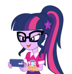 Size: 4000x4122 | Tagged: safe, artist:asrafpie, sci-twi, twilight sparkle, human, equestria girls, festival filters, g4, my little pony equestria girls: better together, bracelet, cellphone, clothes, female, geode of telekinesis, glasses, jewelry, lidded eyes, magical geodes, open mouth, phone, ponytail, shirt, simple background, smartphone, solo, tongue out, transparent background, vector