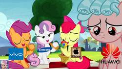 Size: 1280x720 | Tagged: safe, edit, edited screencap, screencap, apple bloom, cozy glow, scootaloo, sweetie belle, earth pony, pegasus, pony, unicorn, g4, marks for effort, apple (company), bow, cutie mark crusaders, female, filly, google chrome, hair bow, huawei, metaphor, samsung, vivo