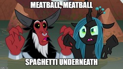 Size: 800x450 | Tagged: safe, edit, edited screencap, screencap, lord tirek, queen chrysalis, centaur, changeling, changeling queen, frenemies (episode), g4, bracer, caption, crown, duo male and female, female, image macro, imgflip, imitation krabs, jewelry, nose piercing, nose ring, piercing, regalia, septum piercing, spongebob squarepants, text