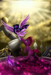 Size: 4100x6000 | Tagged: safe, artist:darksly, tempest shadow, twilight sparkle, alicorn, pony, unicorn, g4, my little pony: the movie, allegory, balcony, broken horn, female, holding hooves, horn, mare, reaching, rearing, redemption, twilight sparkle (alicorn)