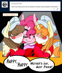 Size: 1589x1869 | Tagged: safe, artist:blackbewhite2k7, pinkie pie, pound cake, pumpkin cake, g4, ask, batman, batman beyond, clothes, cosplay, costume, crossover, crying, dc comics, dee dee, harley quinn, kissing, lipstick, makeup, mother's day, older, parent:pinkie pie, pinkie quinn, tears of joy, tumblr