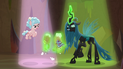 Size: 1920x1080 | Tagged: safe, screencap, cozy glow, queen chrysalis, starlight glimmer, changeling, changeling queen, pegasus, pony, frenemies (episode), g4, better way to be bad, chrysalis sure does hate starlight, doll, evil grin, female, filly, foal, glowing horn, grin, horn, implied murder, implied starlight glimmer, magic, plushie, smiling, spotlight, telekinesis, toy