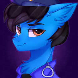 Size: 3000x3000 | Tagged: safe, artist:pesty_skillengton, oc, oc only, oc:officer tempo, oc:tempo cider, earth pony, pony, bust, clothes, glasses, high res, male, police, police officer, portrait, solo, stallion