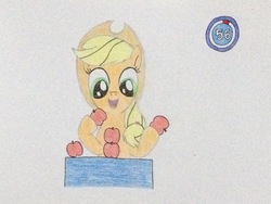 Size: 3264x2448 | Tagged: safe, artist:don2602, applejack, earth pony, pony, g4, apple, female, food, high res, looking down, minute to win it, solo, stacking, table, timer, traditional art