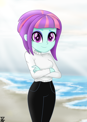 Size: 4000x5600 | Tagged: safe, artist:theretroart88, sunny flare, equestria girls, g4, absurd resolution, beach, clothes, crossed arms, female, looking at you, ocean, pants, sand, smiling, solo