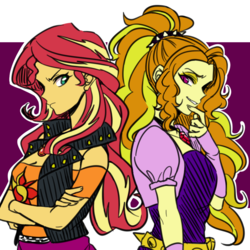 Size: 1000x1000 | Tagged: safe, artist:raika0306, adagio dazzle, sunset shimmer, human, equestria girls, equestria girls series, g4, my little pony equestria girls: rainbow rocks, breasts, cleavage, clothes, crossed arms, cutie mark on clothes, duo, duo female, female, geode of empathy, jewelry, lesbian, magical geodes, necklace, ship:sunsagio, shipping, smiling, smirk