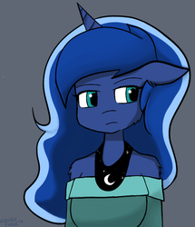 Size: 860x1000 | Tagged: safe, artist:genericmlp, princess luna, alicorn, anthro, g4, aside glance, bust, clothes, female, floppy ears, gray background, simple background, solo