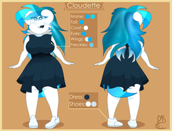 Size: 2300x1750 | Tagged: safe, alternate version, artist:dannykay4561, oc, oc only, oc:cloudette, pegasus, anthro, plantigrade anthro, anthro oc, big breasts, blue lipstick, breasts, clothes, dress, female, freckles, front view, heart eyes, lipstick, long hair, mare, rear view, reference sheet, shoes, smiling, solo, standing, wingding eyes, wings