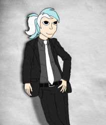 Size: 3120x3696 | Tagged: safe, artist:jesterofdestiny, derpibooru exclusive, lyra heartstrings, human, g4, clothes, digitally colored, dress shirt, female, high res, humanized, leaning on wall, looking at you, necktie, ponytail, simple background, solo, suit, traditional art