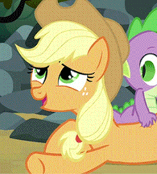 Size: 264x292 | Tagged: safe, screencap, applejack, spike, dragon, earth pony, pony, g4, spike at your service, animated, cropped, gif, massage, rock