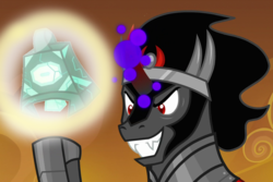 Size: 1500x1000 | Tagged: safe, edit, edited screencap, screencap, king sombra, pony, unicorn, frenemies (episode), g4, the beginning of the end, bell, colored horn, curved horn, evil smile, fangs, glowing horn, grin, grogar's bell, horn, magic, male, orange sky, smiling, solo, stallion, telekinesis