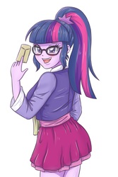 Size: 2362x3543 | Tagged: safe, artist:sumin6301 edits, edit, sci-twi, twilight sparkle, equestria girls, g4, blushing, clothes, female, glasses, high res, looking at you, miniskirt, open mouth, ponytail, simple background, skirt, smiling, solo, white background