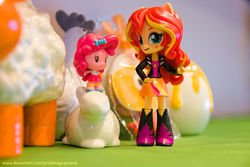 Size: 1024x683 | Tagged: safe, artist:artofmagicpoland, pinkie pie, sunset shimmer, equestria girls, g4, birthday gift art, cutie mark crew, doll, equestria girls minis, female, gift art, irl, looking at each other, photo, toy